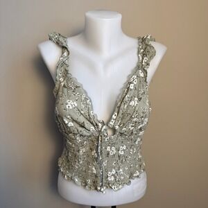 GARAGE Floral Babydoll Smocked Crop Top‎ Sage Green Lettuce Hem Women XL Tie